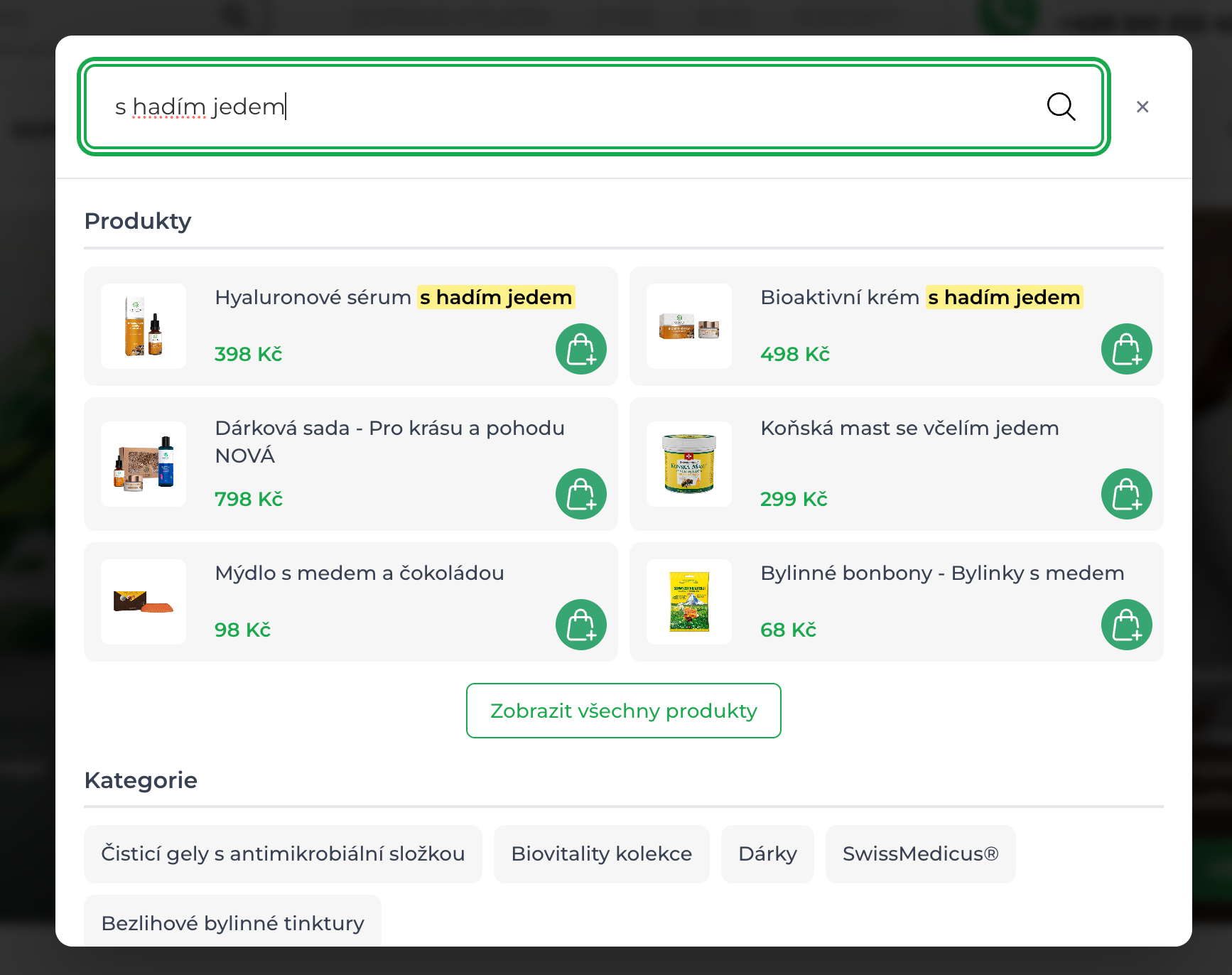 Obrázek z prodejního webu s produkty obsahujícími med, bylinky a kosmetiku s označením 